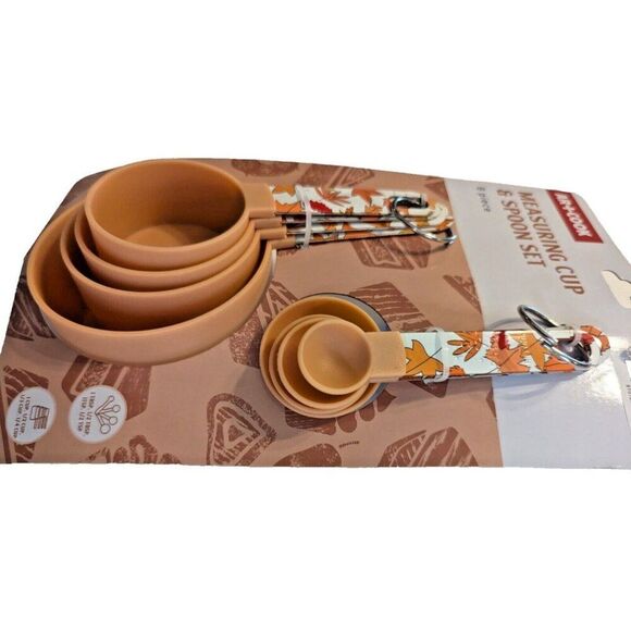 Autumn Leaves Measuring Cups Spoons Peach Holder Metal Handles and Rings NEW - Picture 2 of 4